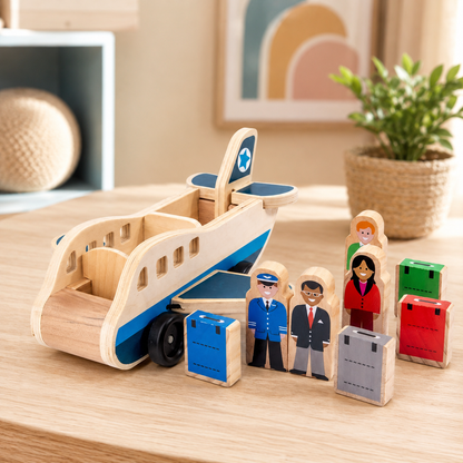 Wooden Airplane Push Toy with Pilot and Passenger Figures for Toddlers