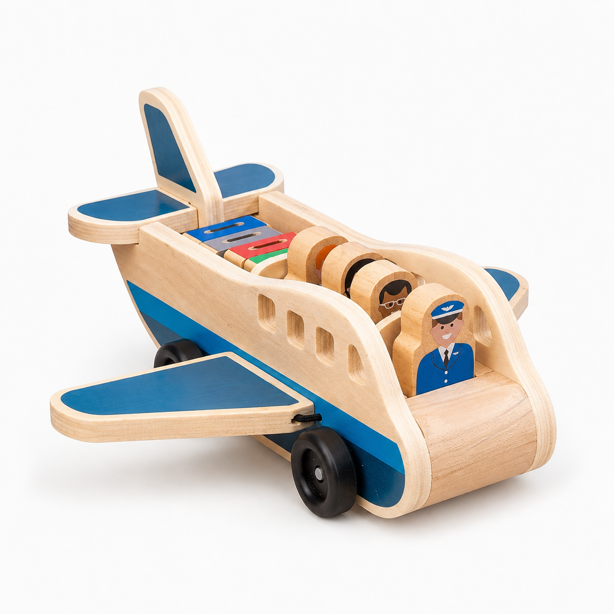 Wooden Airplane Push Toy with Pilot and Passenger Figures for Toddlers