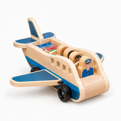 Wooden Airplane Push Toy with Pilot and Passenger Figures for Toddlers