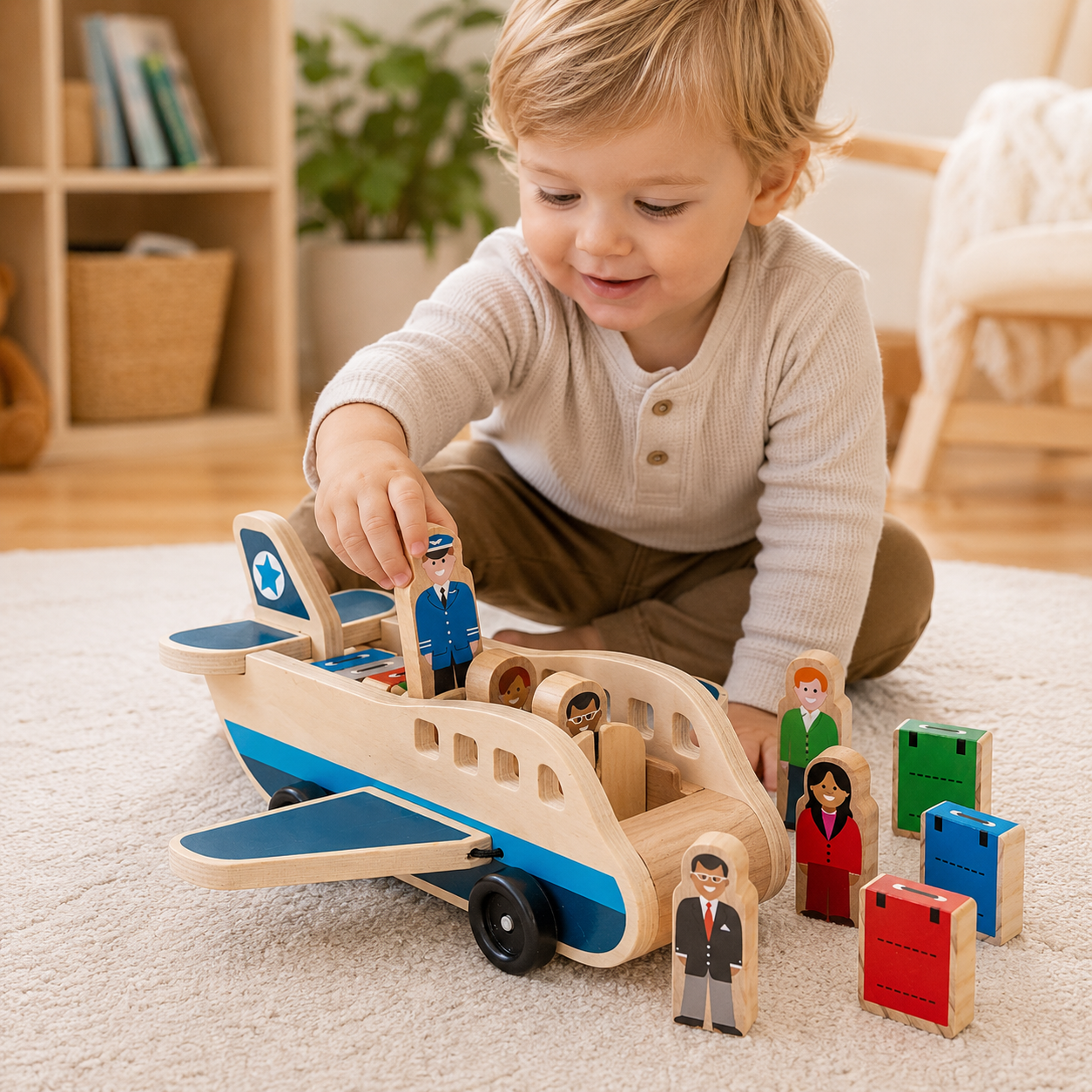 Wooden Airplane Push Toy with Pilot and Passenger Figures for Toddlers