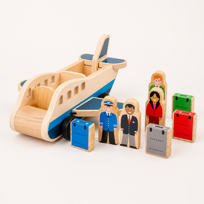 Wooden Airplane Push Toy with Pilot and Passenger Figures for Toddlers