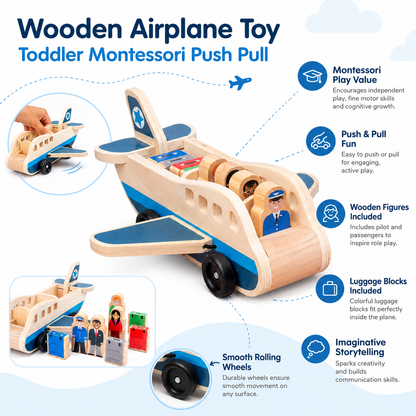 Wooden Airplane Push Toy with Pilot and Passenger Figures for Toddlers