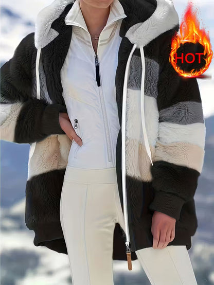 Women’s Plush Faux Fur Hooded Coat – Warm Winter Outerwear