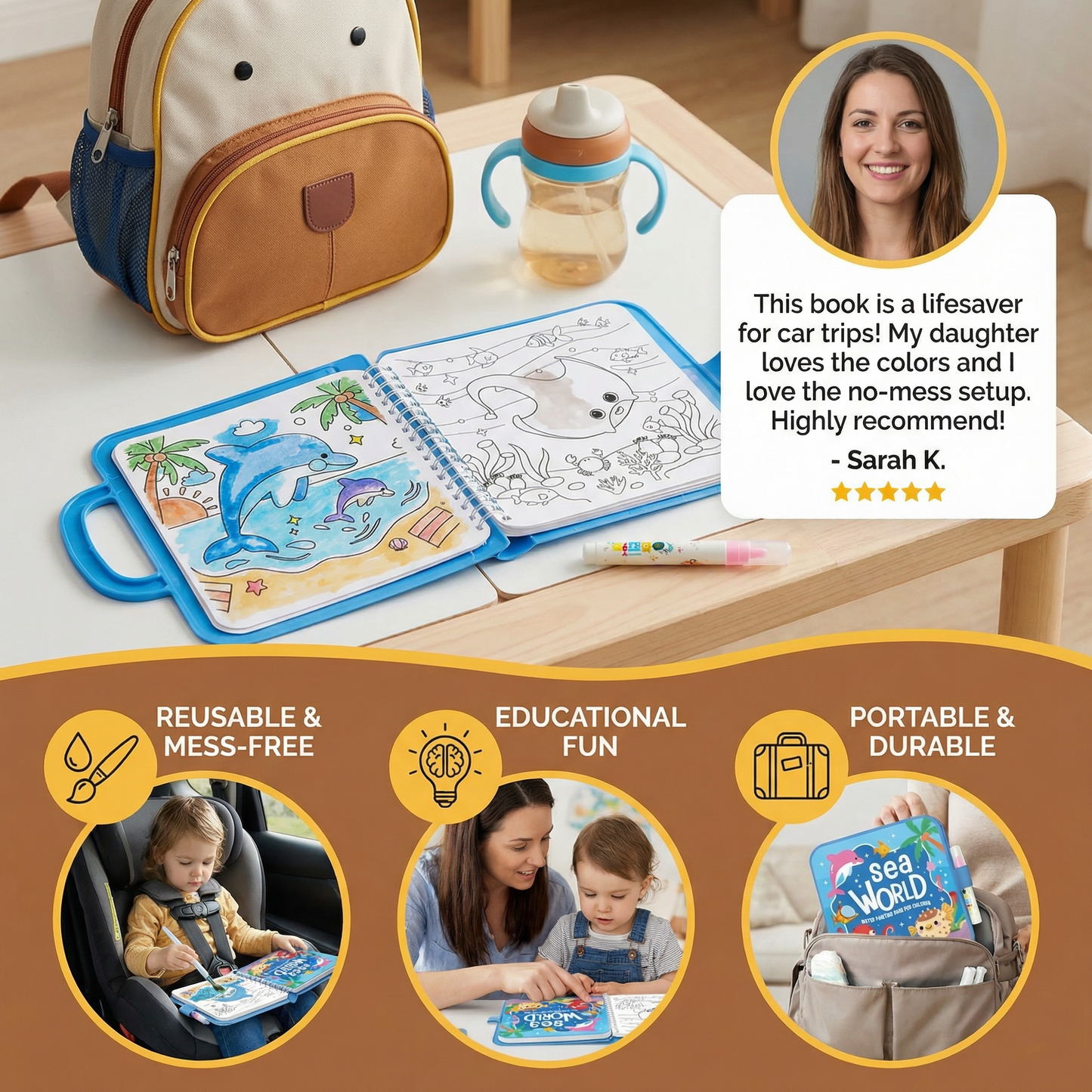 Water Coloring Book with Refillable Pen and Auto Resetting Pages for Kids