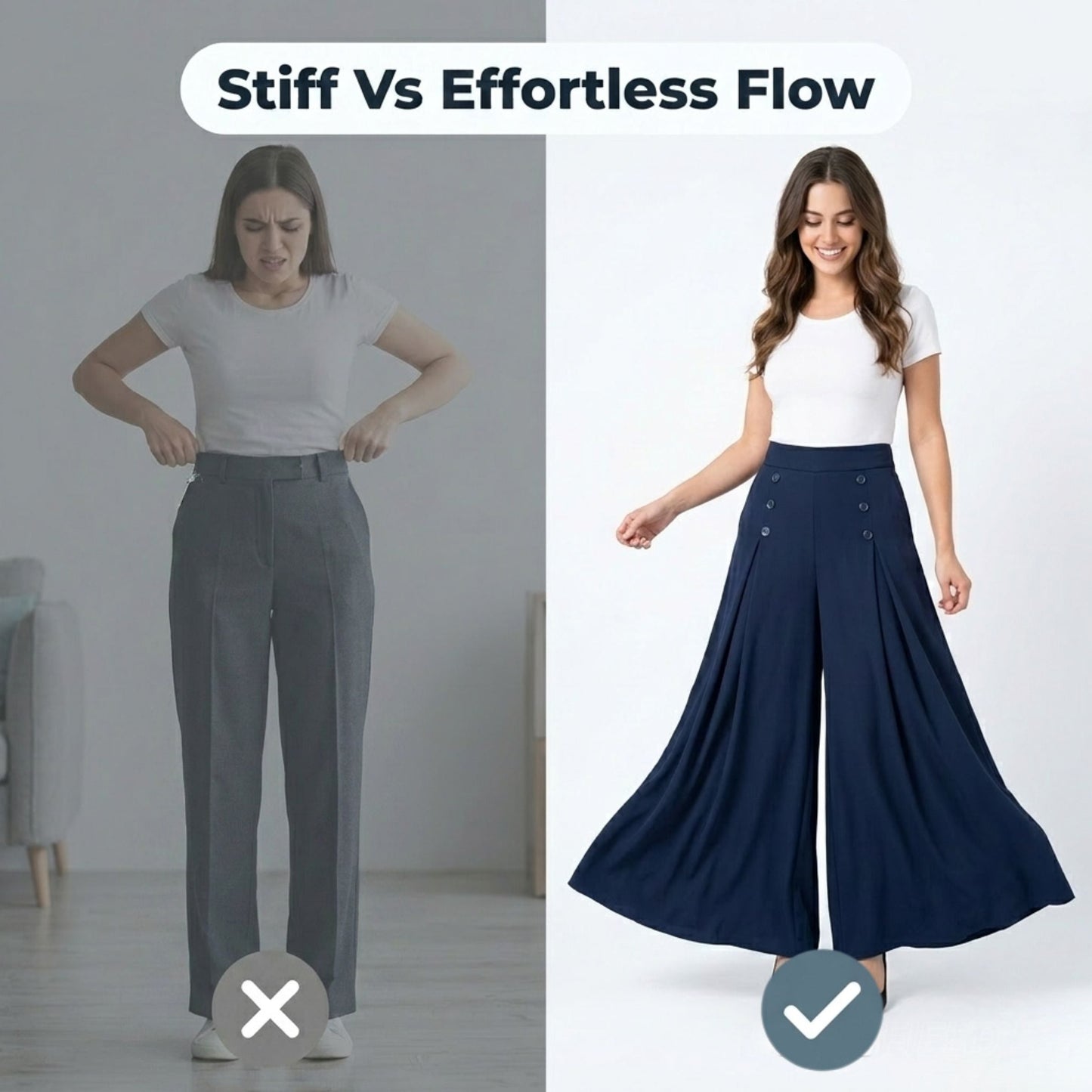 Wide Leg Pants with Pleated Front and Elastic Waistband, Wrinkle Resistant Cotton Blend
