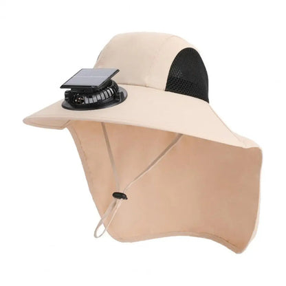 Cooling Fan Hat with Dual Airflow and Neck Shawl, Solar Powered