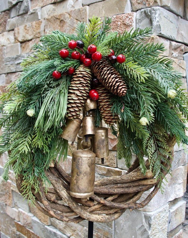 Rustic Vine Wreath with Golden Bells and Pinecones, 17 Inch