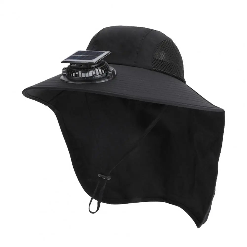 Cooling Fan Hat with Dual Airflow and Neck Shawl, Solar Powered