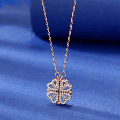 Four Heart Clover Pendant with Adjustable Chain and Preserved Roses