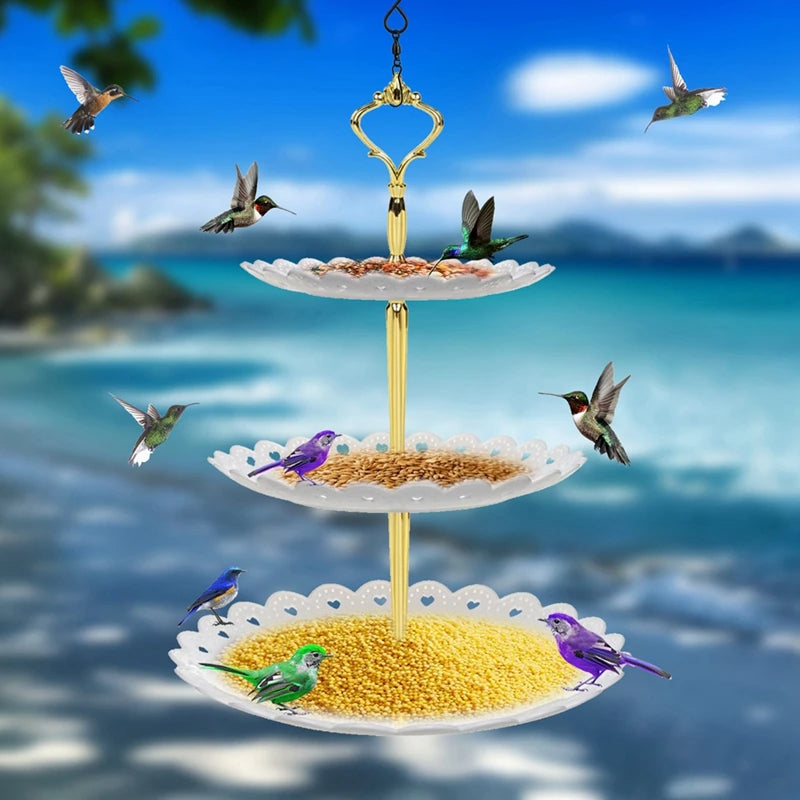 Three Tier Hanging Bird Feeder with Separate Water Basin and Bath Tray