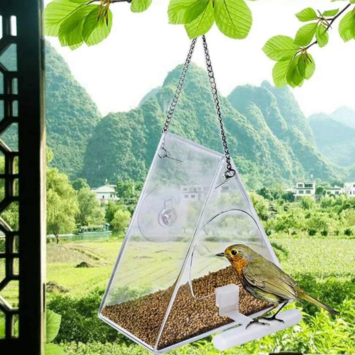 Window Mount Bird Feeder with Clear Acrylic Walls and Suction Cup, Triangle Shape