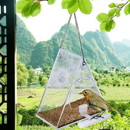 Window Mount Bird Feeder with Clear Acrylic Walls and Suction Cup, Triangle Shape