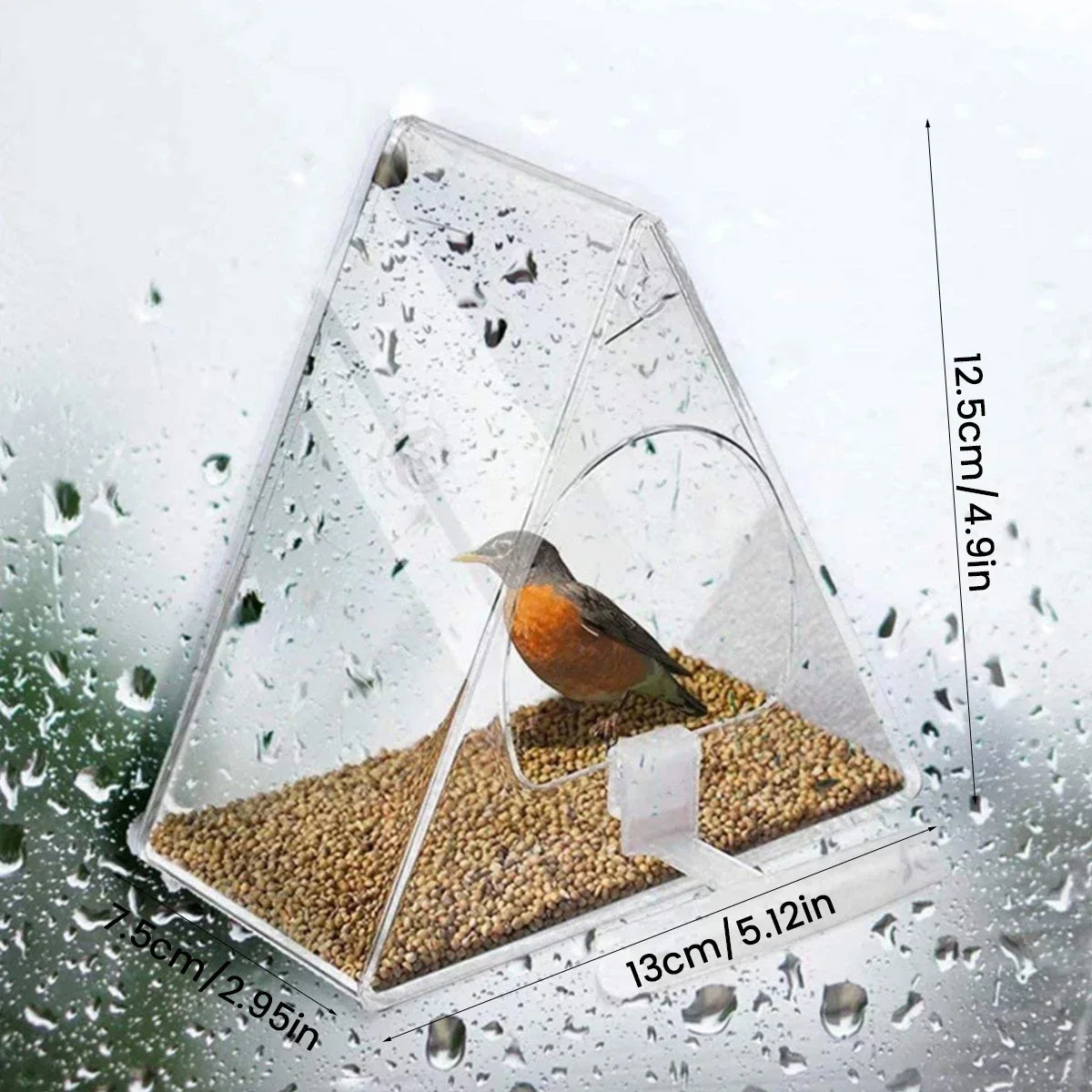 Window Mount Bird Feeder with Clear Acrylic Walls and Suction Cup, Triangle Shape
