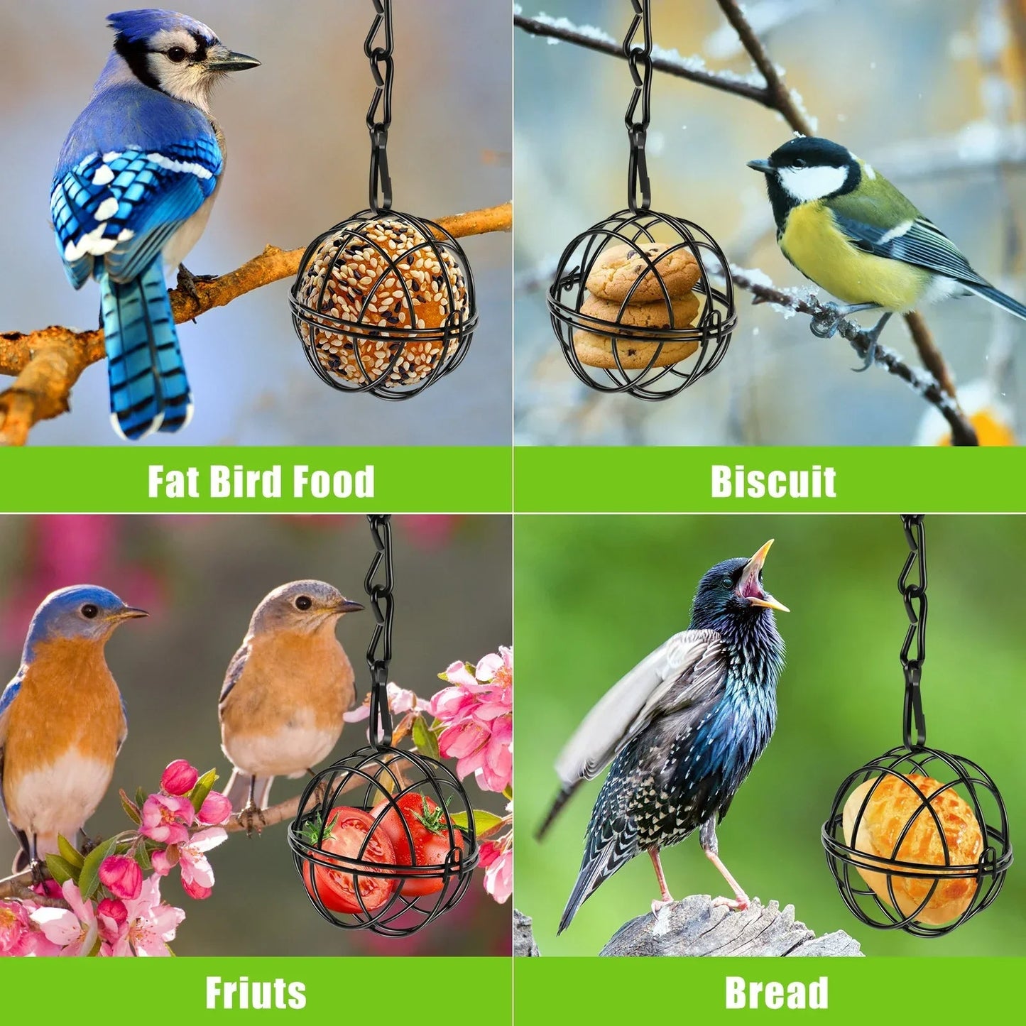 Rust-Resistant Metal Bird Feeder with Mesh Cage and Hanging Chain, Set of 4