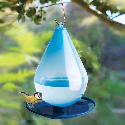 Hanging Bird Water Feeder with Wraparound Perch and Clear Raindrop Design
