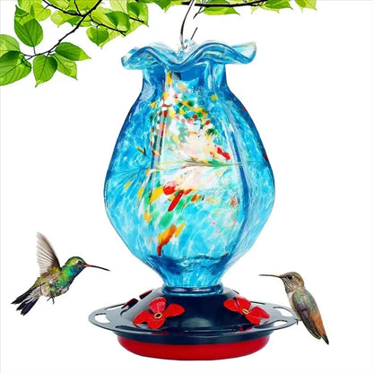 Ocean Blue Glass Hummingbird Feeder with Ant Moat and Bee Proof Ports