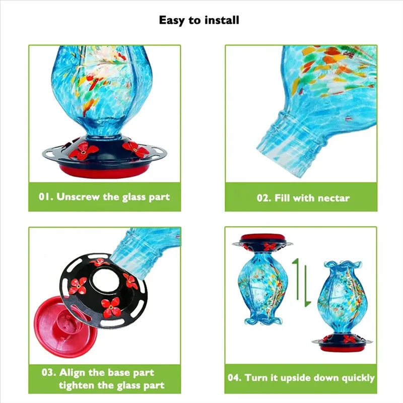 Ocean Blue Glass Hummingbird Feeder with Ant Moat and Bee Proof Ports