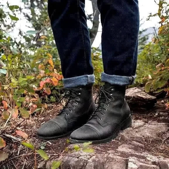 Brogue Lace-Up Boots with Round Toe and Mid-Calf Height, Rubber Outsole