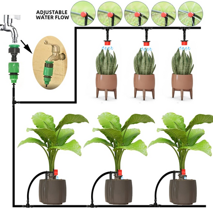 Drip Irrigation Timer System with Drip Heads and Adjustable Flow Levels