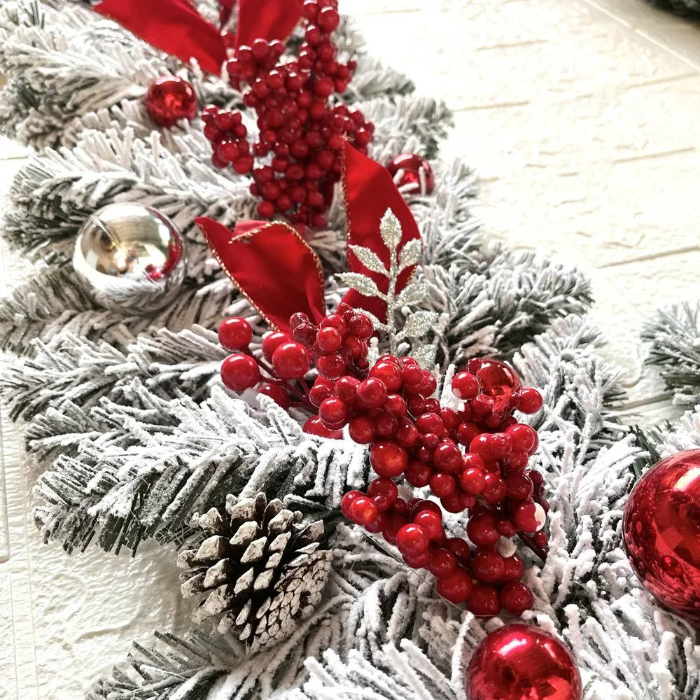 Holiday Wreath with Flocked Greenery and Red Berry Accents, Snowballs Pinecones