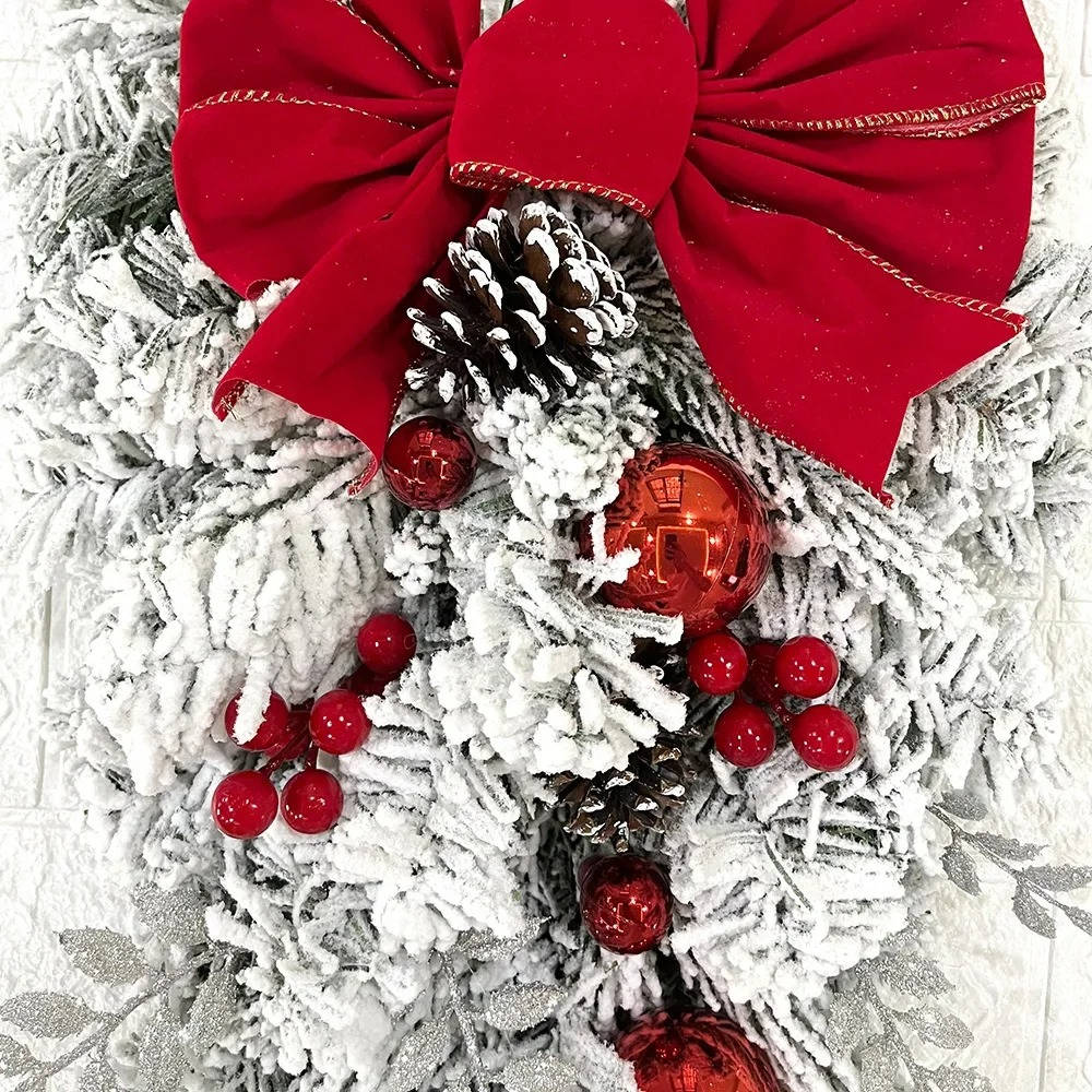 Holiday Wreath with Flocked Greenery and Red Berry Accents, Snowballs Pinecones