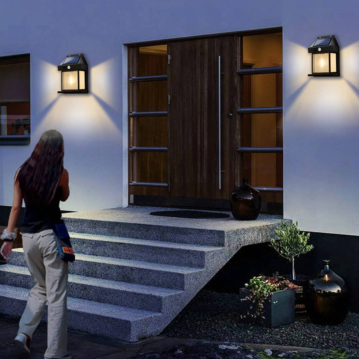 Solar Wall Lamp with Motion Sensor and Adjustable Mount, Set of 2