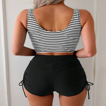 High Waisted Tankini Swimsuit Set with Twist Front and Tie Side Bottoms, Navy Stripe