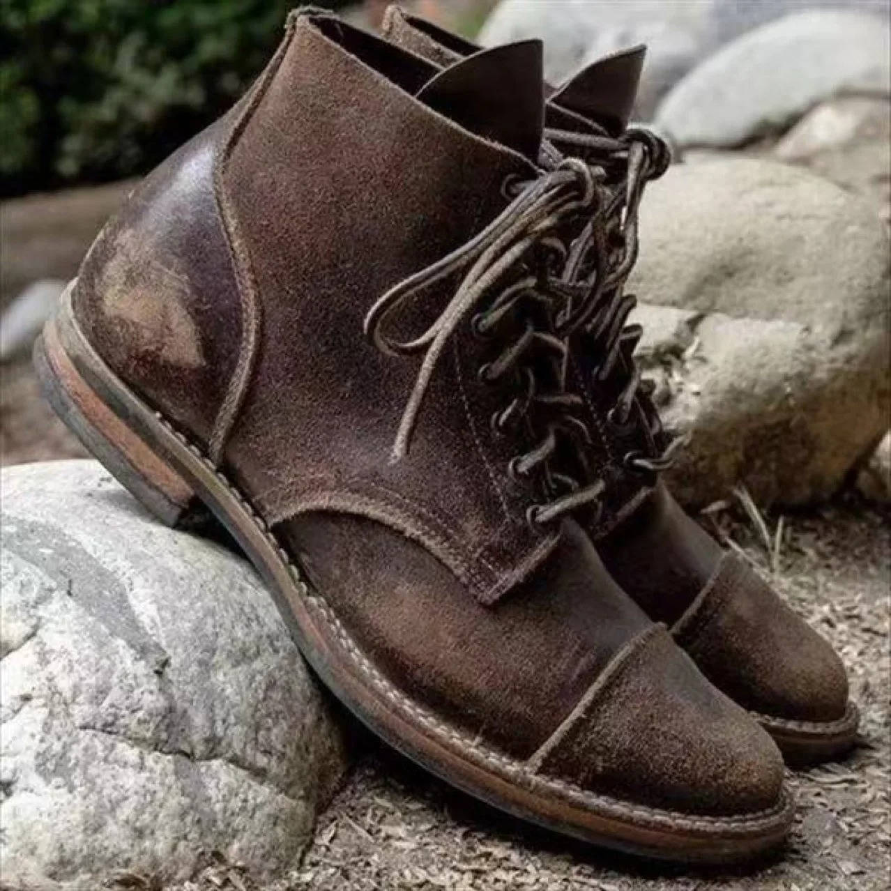Brogue Lace-Up Boots with Round Toe and Mid-Calf Height, Rubber Outsole