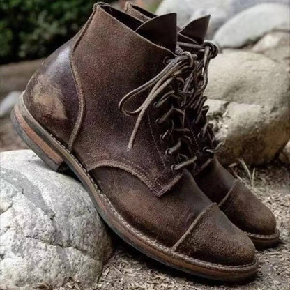 Brogue Lace-Up Boots with Round Toe and Mid-Calf Height, Rubber Outsole