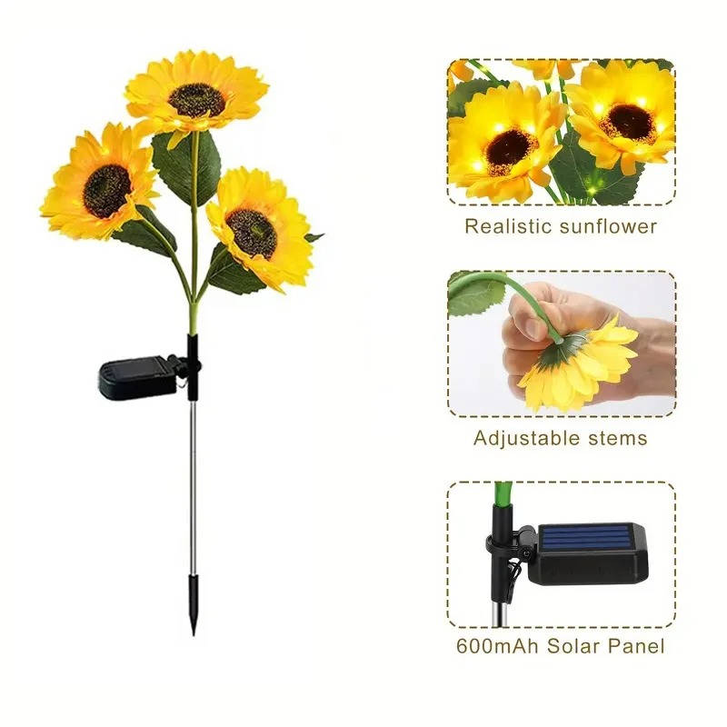 Solar Sunflower Garden Light with Auto Dusk Sensor and LED Glow, IP65 Weatherproof