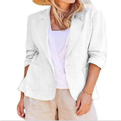 Women's Linen Blazer with Three Quarter Ruched Sleeves and Cinched Waist Fit