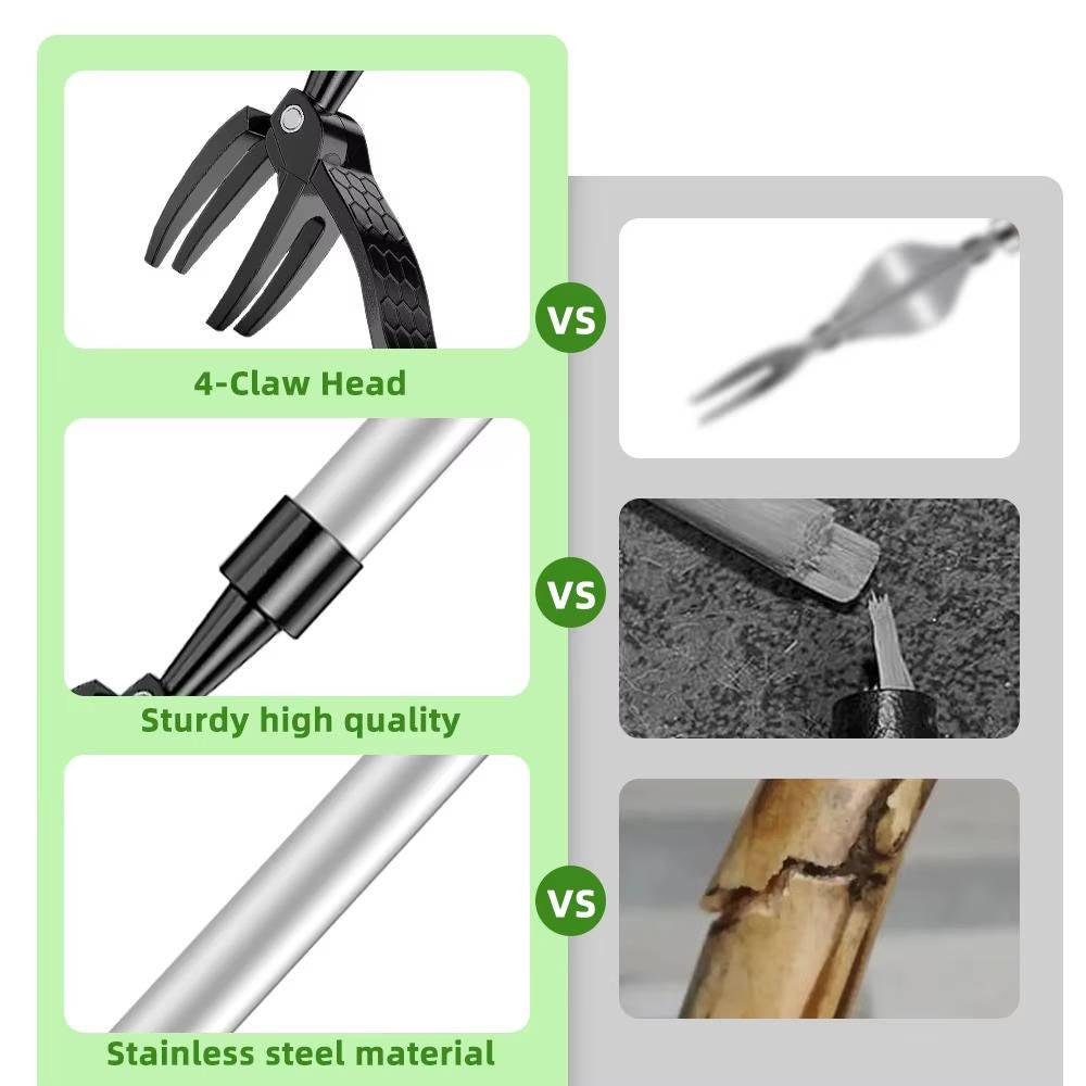 Weed Puller with Four Steel Claws and Foot Pedal, Bamboo Handle