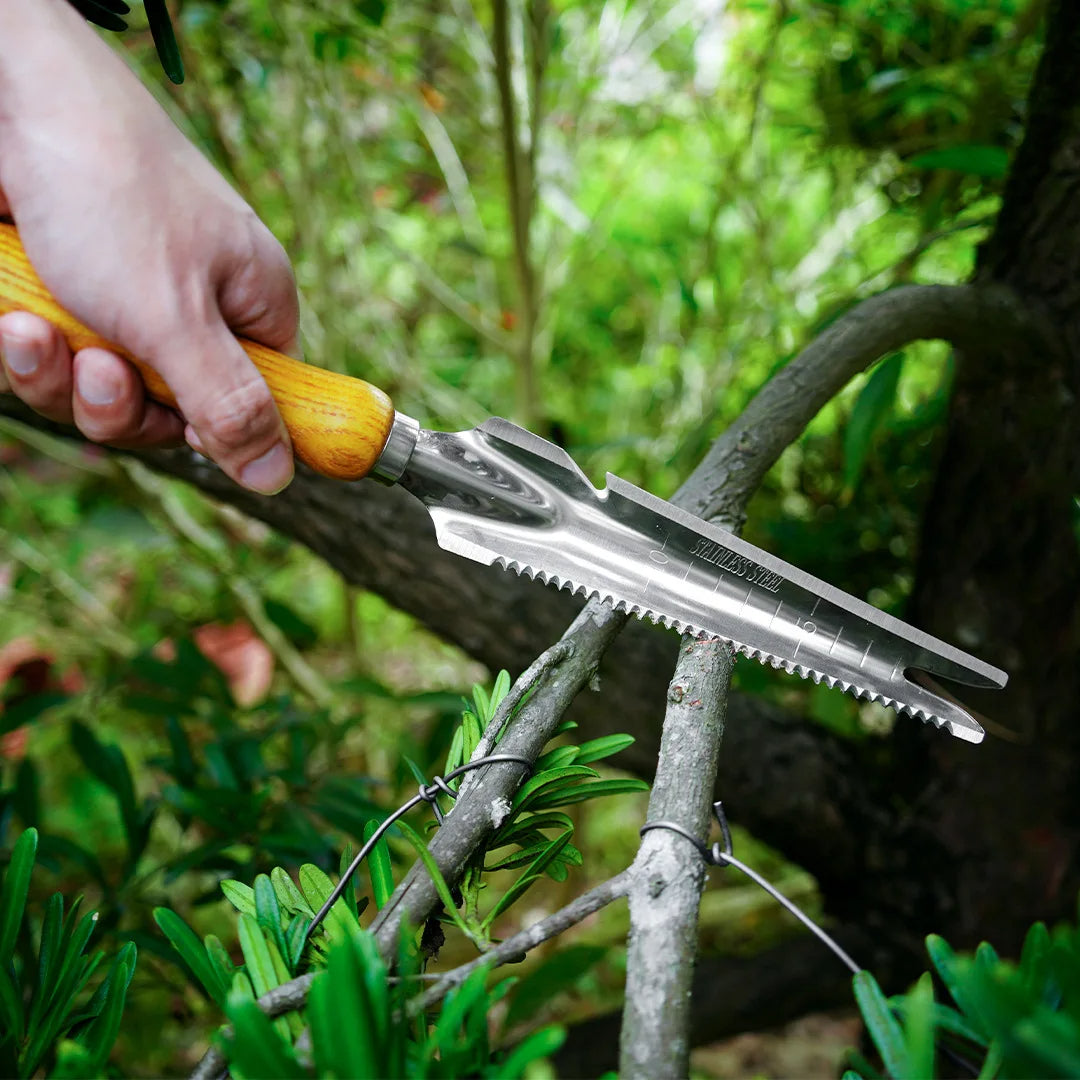 Stainless Steel Weed Puller with Depth Ruler and Twine Cutter, Beech Handle