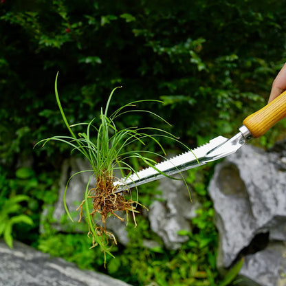 Stainless Steel Weed Puller with Depth Ruler and Twine Cutter, Beech Handle
