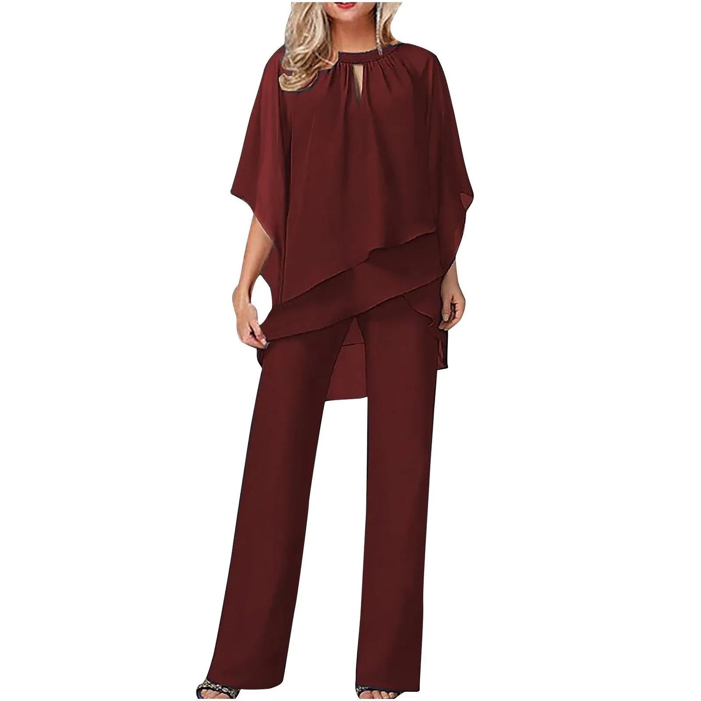 Women’s Chiffon Pantsuit with Wing Shaped Sleeves and Round Neckline