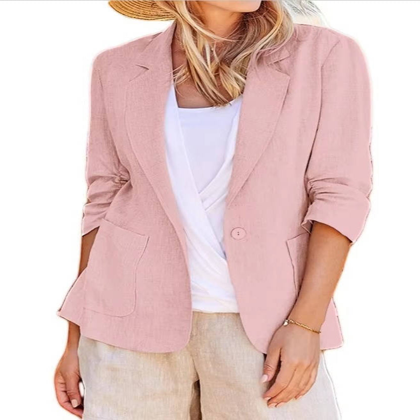 Women's Linen Blazer with Three Quarter Ruched Sleeves and Cinched Waist Fit