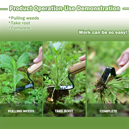 Root Extraction Weed Puller with Angled Steel Tip and Wooden Handle