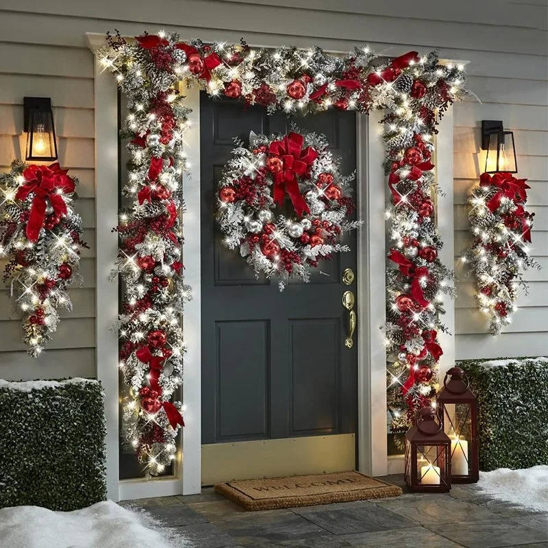 Holiday Wreath with Flocked Greenery and Red Berry Accents, Snowballs Pinecones