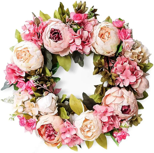 Artificial Peony and Rose Wreath with Fade Resistant Flowers
