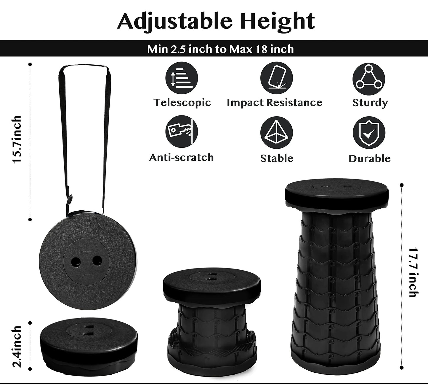 Portable Camping Stool with Adjustable Height and Dual Carry Straps, 330lb Capacity