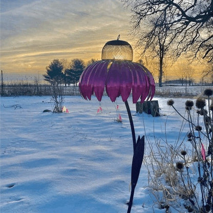 Metal Garden Bird Feeder with Ground Stake and Wide Bowl