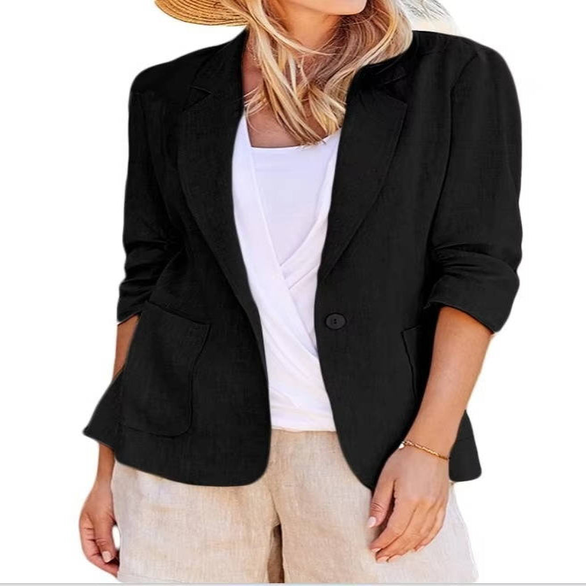 Women's Linen Blazer with Three Quarter Ruched Sleeves and Cinched Waist Fit