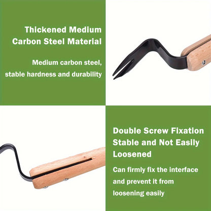 Root Extraction Weed Puller with Angled Steel Tip and Wooden Handle