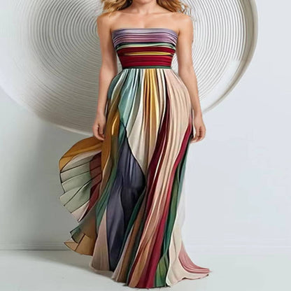 Strapless Maxi Dress with Internal Boning and Vertical Stripe Design, Floor Length