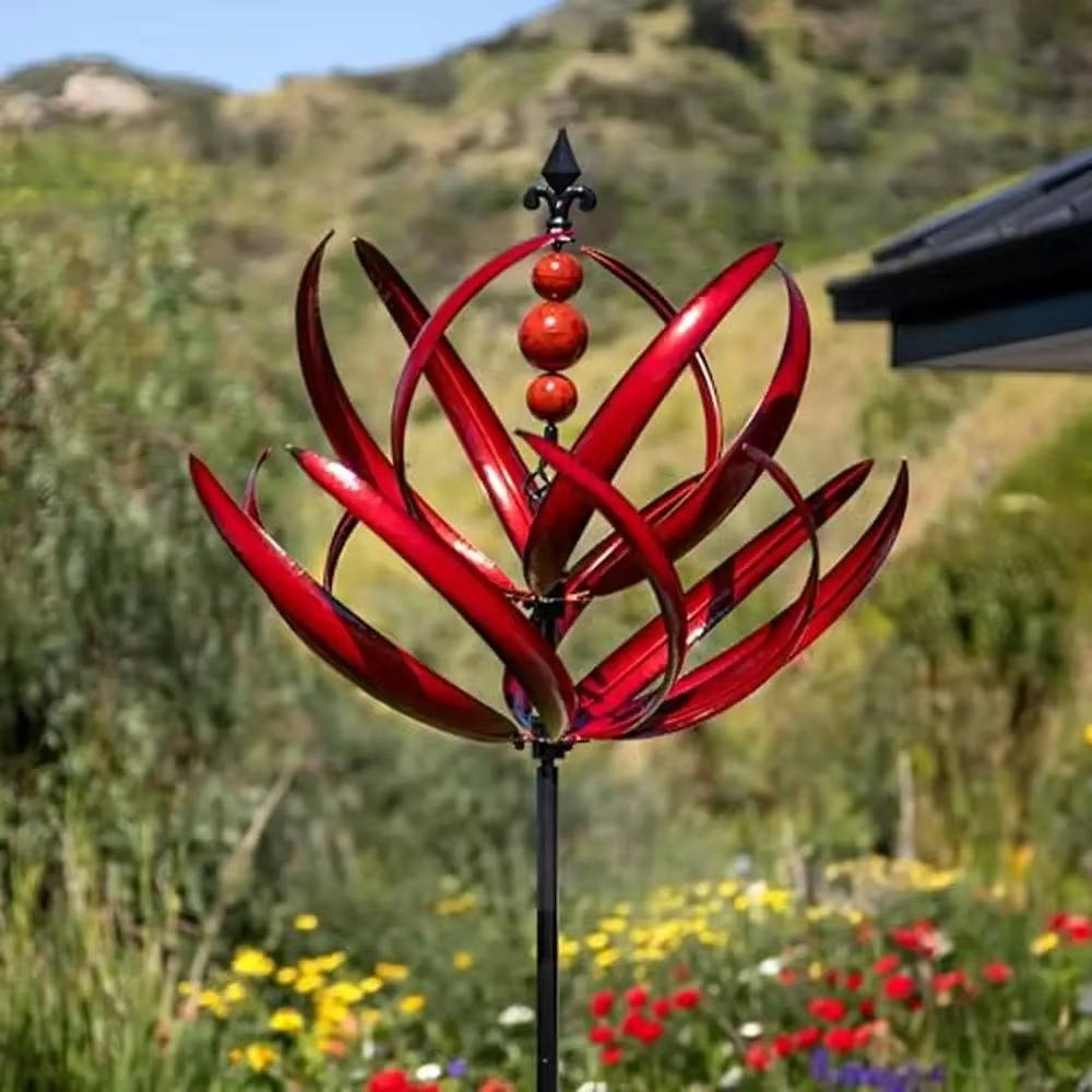 Tulip Wind Spinner with Three Prong Stake and Powder Coated Iron, 35in Height