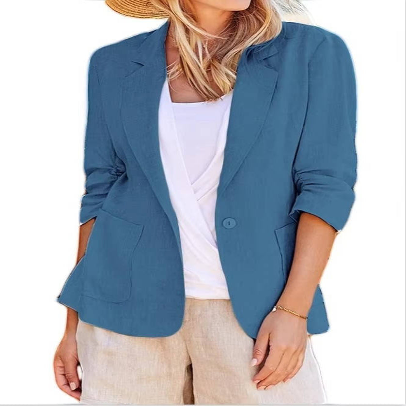Women's Linen Blazer with Three Quarter Ruched Sleeves and Cinched Waist Fit