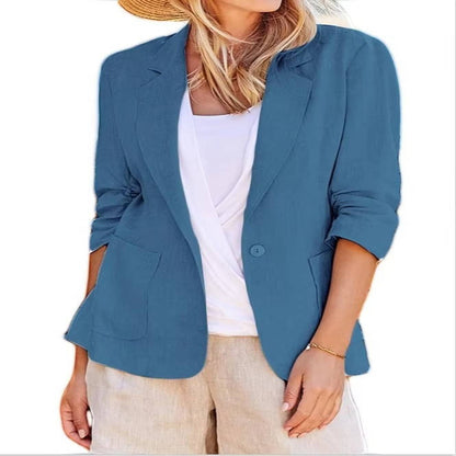 Women's Linen Blazer with Three Quarter Ruched Sleeves and Cinched Waist Fit