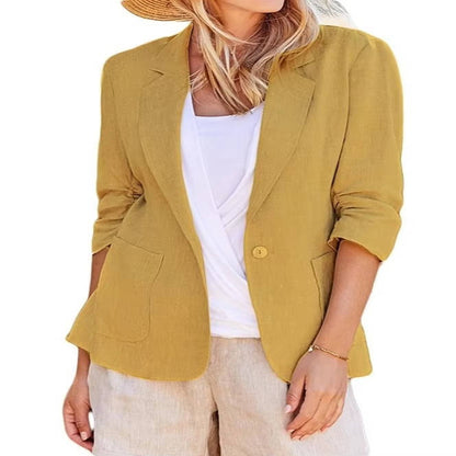 Women's Linen Blazer with Three Quarter Ruched Sleeves and Cinched Waist Fit
