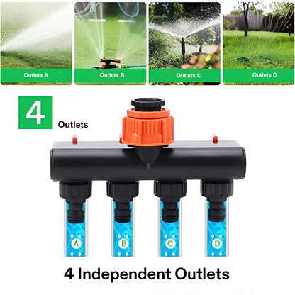 Four Way Garden Hose Splitter with Individual Valve Control and Quick Connect