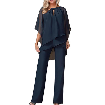 Women’s Chiffon Pantsuit with Wing Shaped Sleeves and Round Neckline